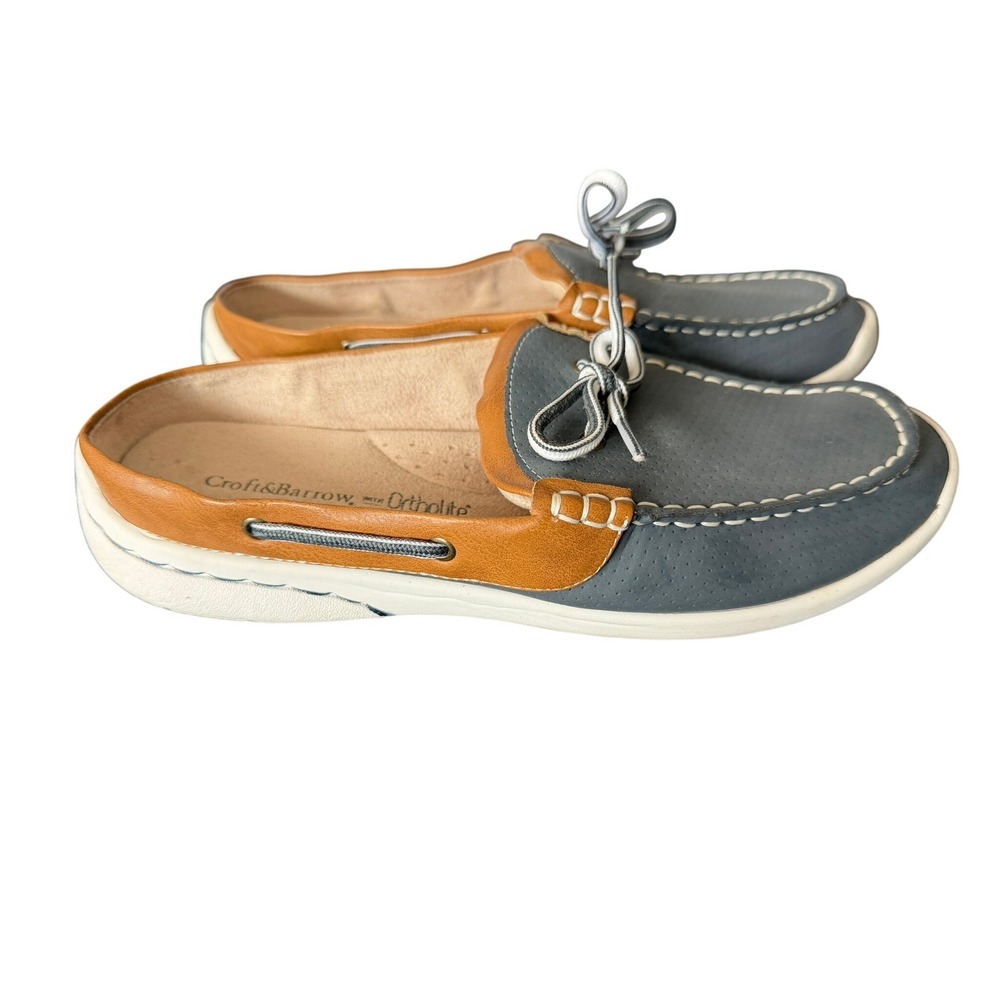 Croft & Barrow Ortholite Boat Shoe Mules Blue Tan Nautical Slip On Flats Women 9